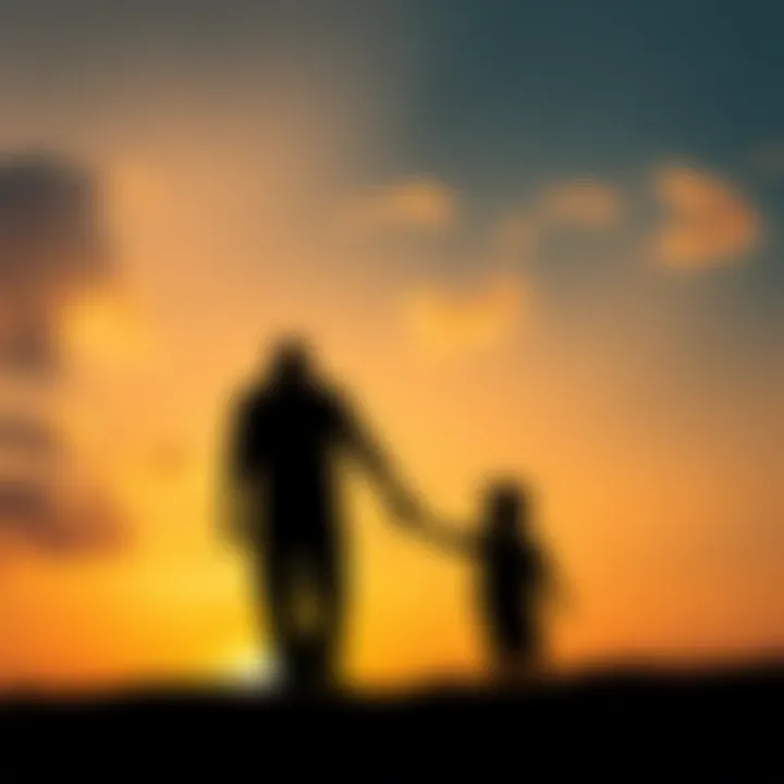 Silhouette of a father and child walking hand in hand at sunset, symbolizing loss and moving forward together.