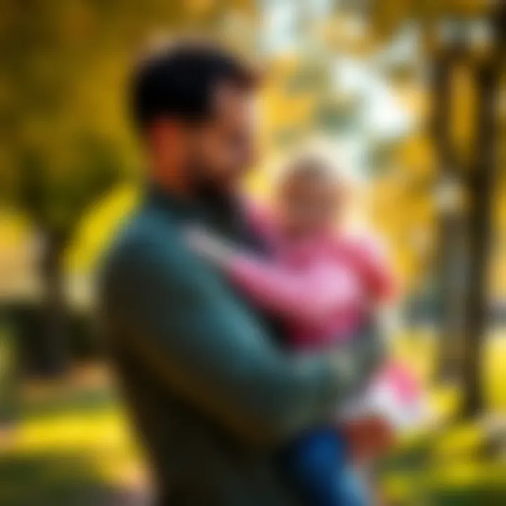 A father holding his daughter A father embraces his smiling daughter in a warm, sunny park, highlighting their strong bond and happiness.