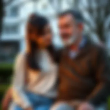 A college student sitting beside her father in a peaceful setting, showing love and concern as he struggles with Parkinson's dementia.