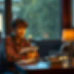 A concerned young adult sitting at a table with a father figure who holds religious materials, looking unsure and contemplative.