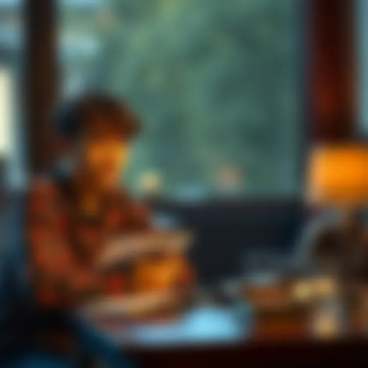 A concerned young adult sitting at a table with a father figure who holds religious materials, looking unsure and contemplative.