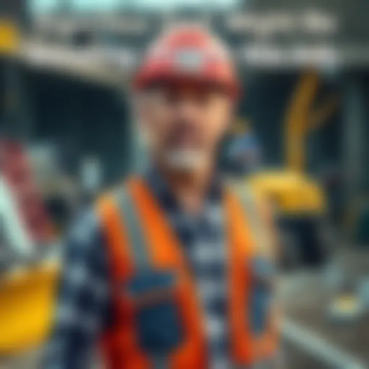 A man in construction attire appears worried and guilty while standing at a job site. Tools and equipment are visible in the background.