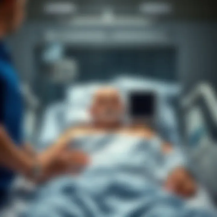 A father resting in a hospital bed surrounded by medical equipment, showing a heart monitor while family members hold his hand, conveying support and love during surgery.