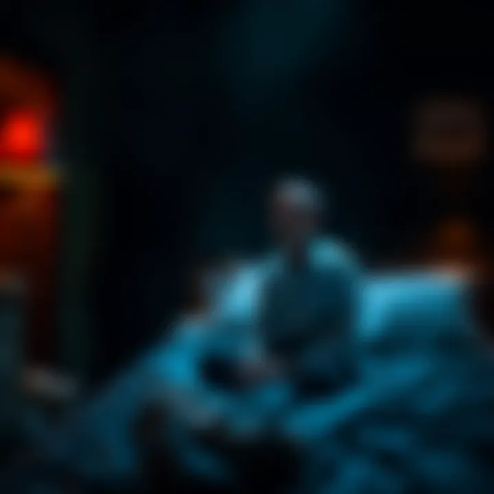 Father Experiencing Nightmares A father sitting on the edge of his bed, looking stressed and deep in thought, with dark shadows representing his vivid nightmares around him.