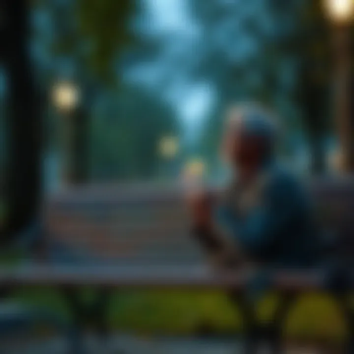 A man sits on a park bench, looking contemplative with his hands clasped together, symbolizing reflection on past actions that hurt others.