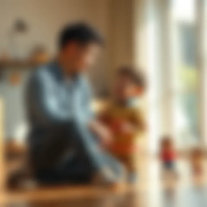Father talking to his son A father kneels beside his son, who is animatedly engaging in conversation with invisible friends. The scene captures their warm bond and the child's vivid imagination.