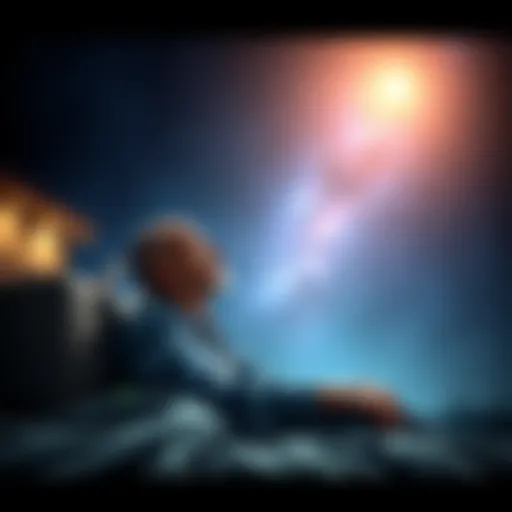 A man sitting peacefully at night, looking up at a bright starry sky, feeling connected to his late father through dreams.