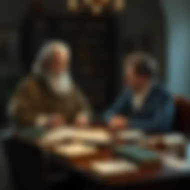 Father and son discussing Galileo A father and son sit at a table, engaged in a conversation about Galileo's early life and struggles, with books and papers spread around them.
