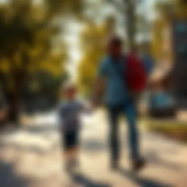 A father and his young son walking hand-in-hand on a sunny street, both looking relaxed as they head to school, with trees lining the sidewalk.