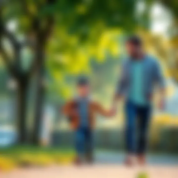A father and his young son walking hand in hand, smiling and enjoying their time together in a park