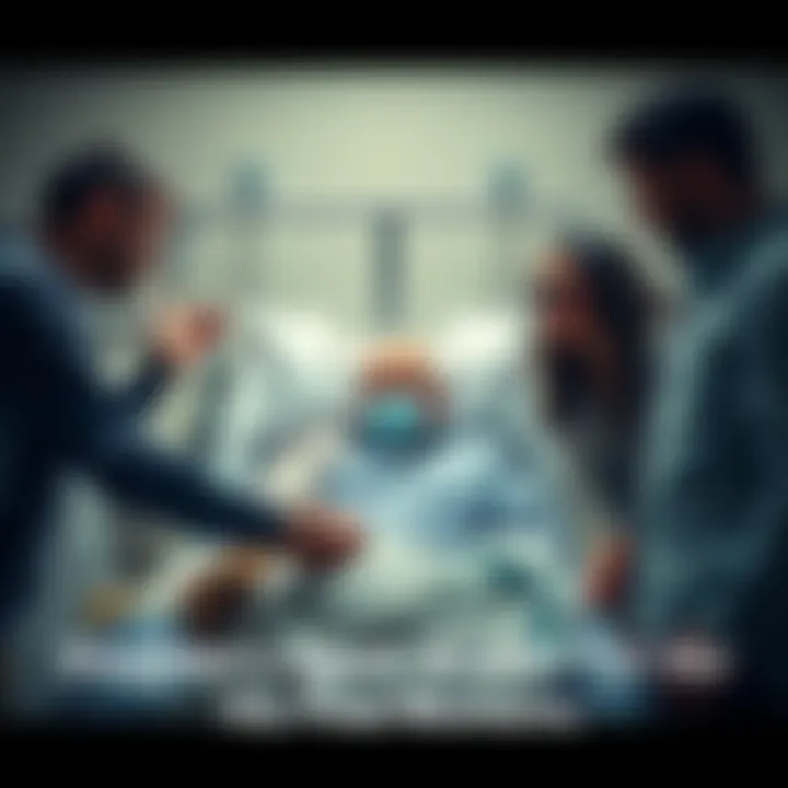 A grandfather in a hospital bed, holding hands with family members who are gathered around him, sharing a heartfelt moment together.