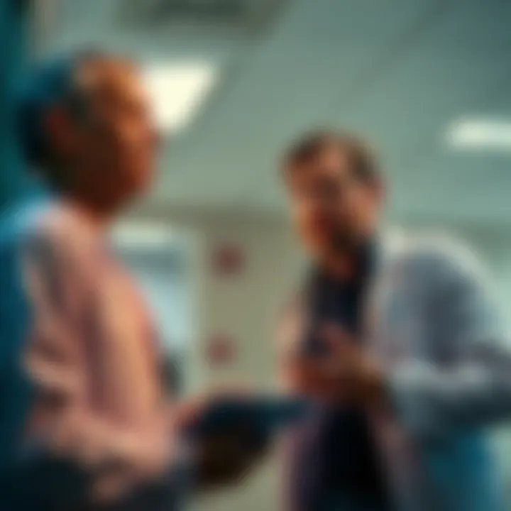 A concerned father speaking with doctors about his child’s medical care, showing signs of distress and urgency.