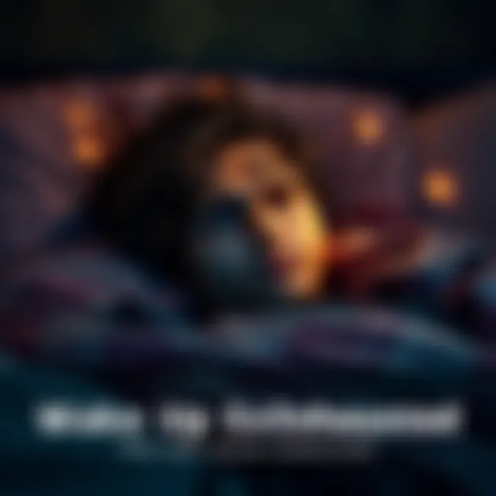 Fatigued person waking up in bed A tired person wakes up in bed, looking exhausted with tired eyes and messy hair, surrounded by soft pillows and a dimly lit room.