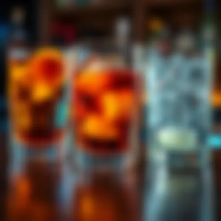 Three glasses filled with tequila, bourbon, and gin on a wooden bar top.