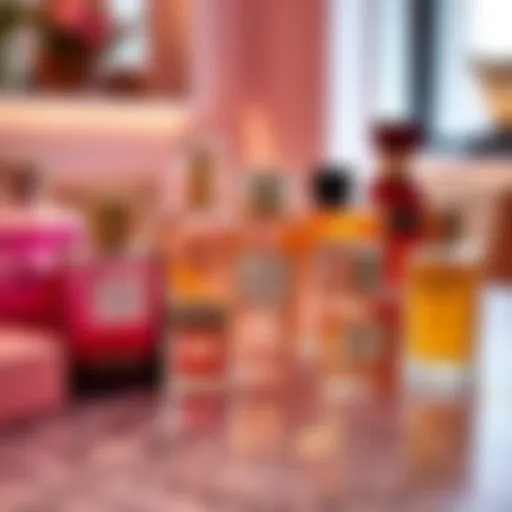 A selection of favorite perfumes including Estee Lauder's Pleasures and Victoria's Secret Sexy Night arranged on a table.