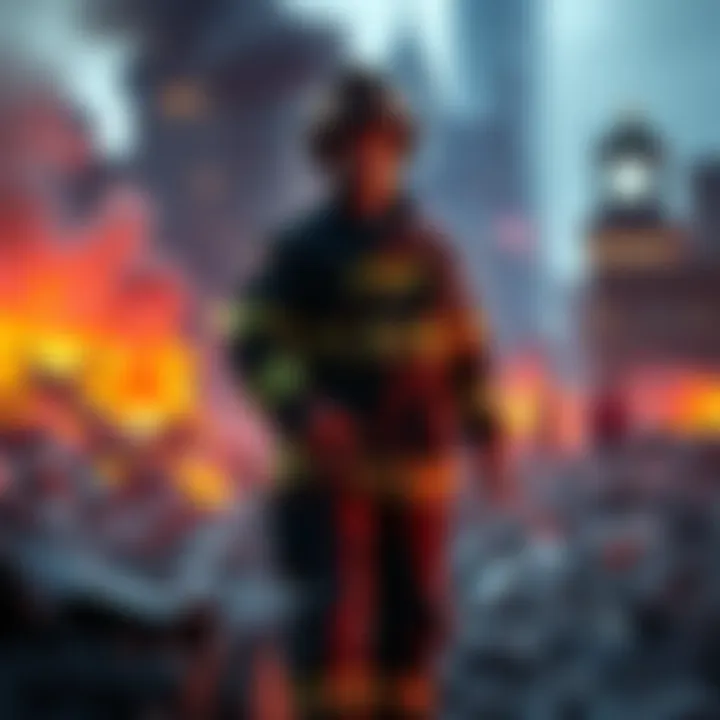 FDNY Firefighter at Ground Zero A firefighter in uniform stands among the rubble at Ground Zero after the 9/11 attacks, showing determination and resilience.