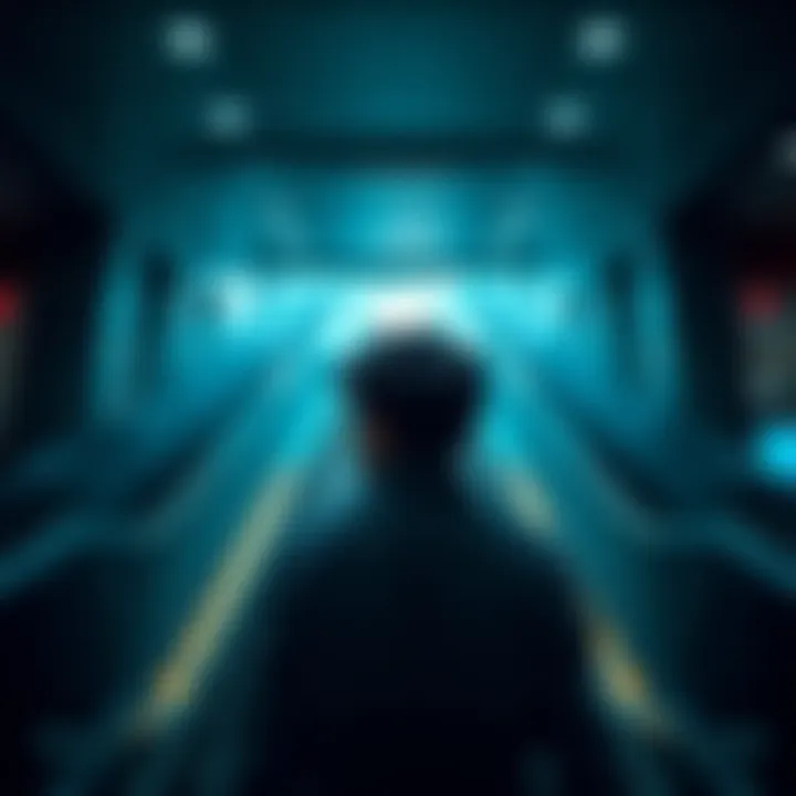A person looking anxious while standing in front of an escalator in a mall, feeling afraid of heights