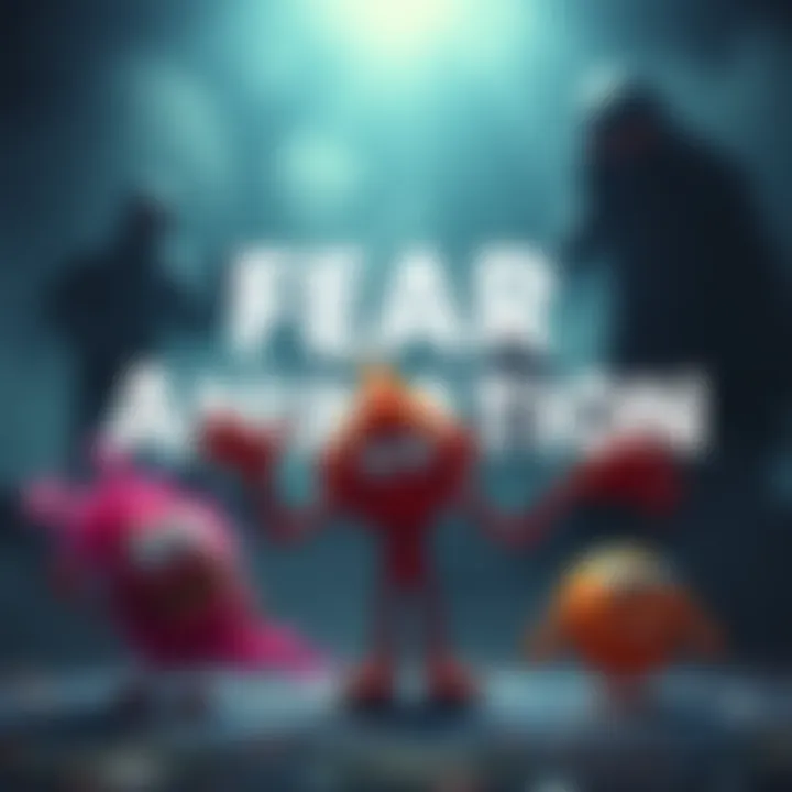 Fear in Animation A scene depicting children's fear linked to themes in animation, featuring colorful cartoon monsters and shadowy figures in the background.