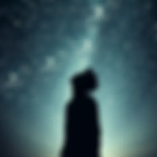 A person looking up at a night sky filled with stars, showing anxiety about alien encounters, with a shadowy figure resembling a grey alien in the foreground.