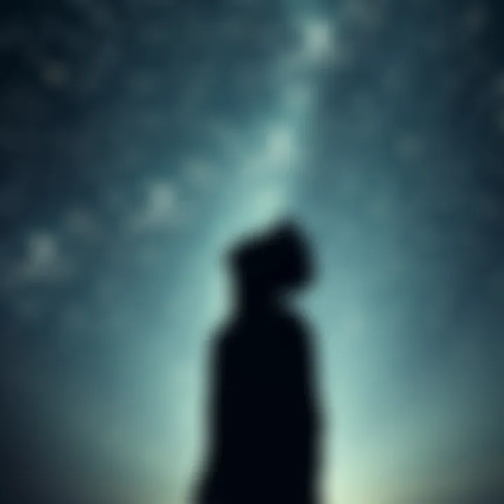 A person looking up at a night sky filled with stars, showing anxiety about alien encounters, with a shadowy figure resembling a grey alien in the foreground.