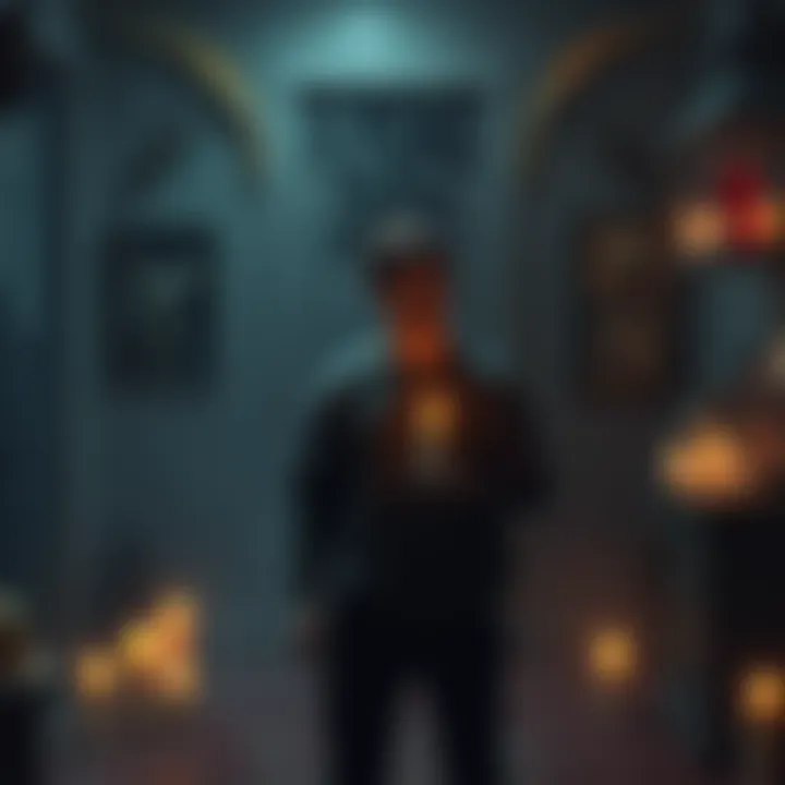 Fearful Encounter with Demonolatry A person stands in a dimly lit room, looking apprehensive while holding a candle, surrounded by symbols related to demonolatry.