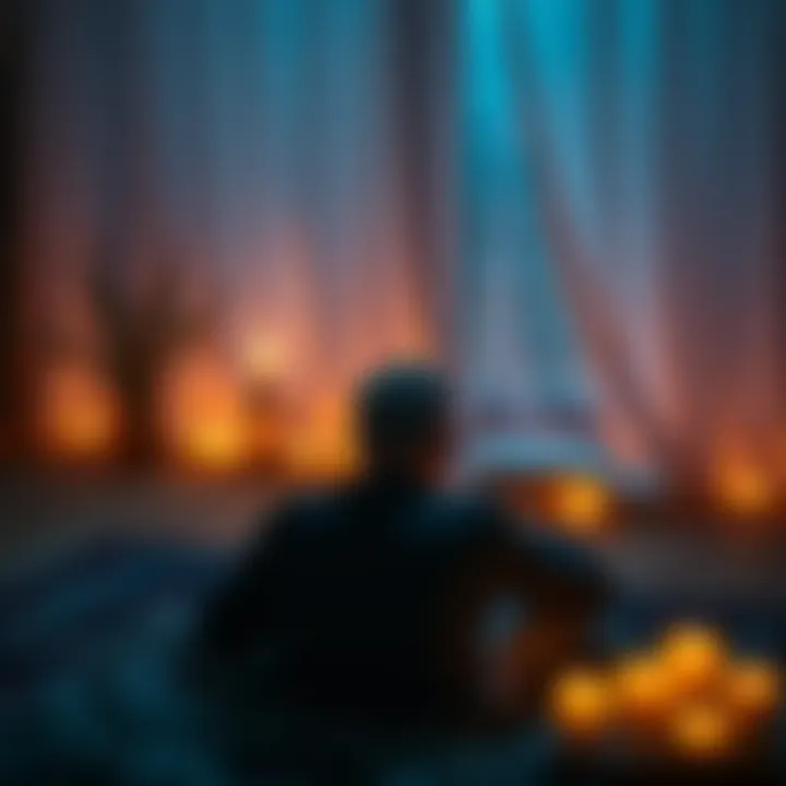 A serene setting featuring a person receiving a Feathered Reading session, surrounded by candles and soft lighting, evoking calmness and clarity.