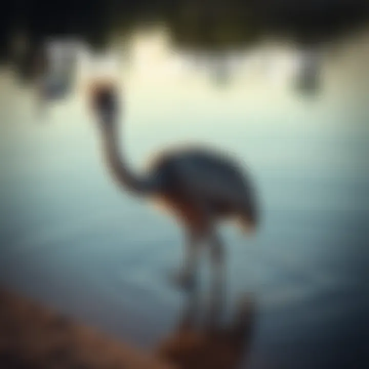 A large, featherless bird resembling an emu stands by the water's edge, with a curious expression, as ripples form in the water nearby.