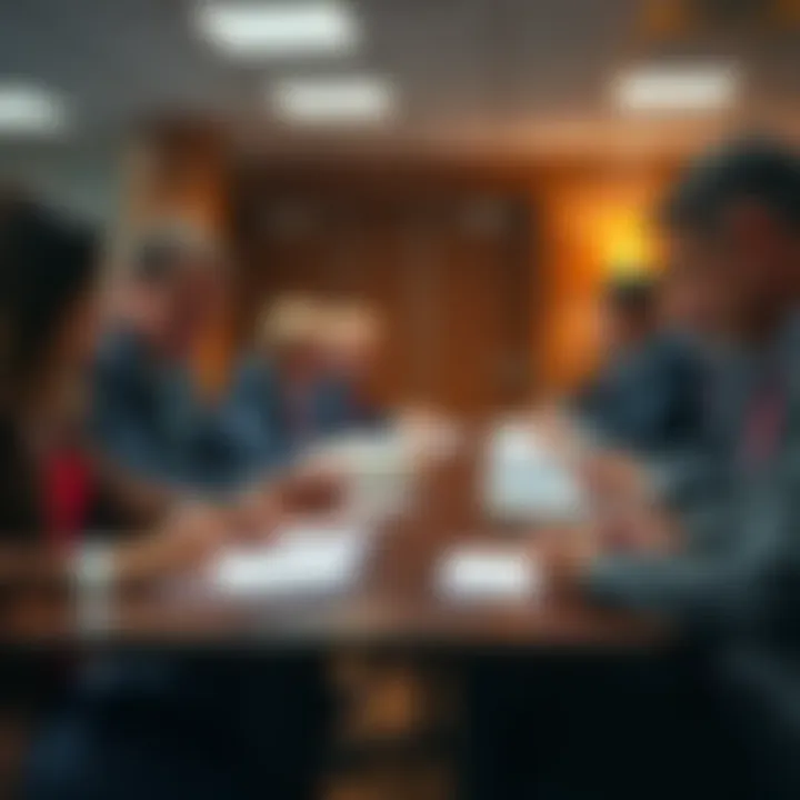 A group of federal employees in an office setting reviewing and signing non-disclosure agreements, with paperwork in front of them.