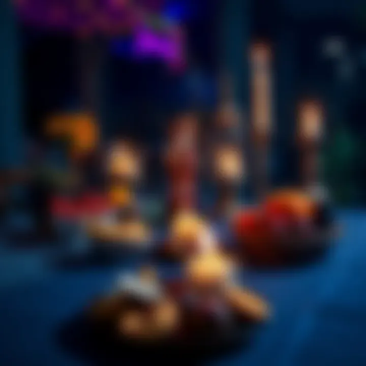 A table set with colorful offerings for Elegua, including fruits, candles, and a small statue representing him.