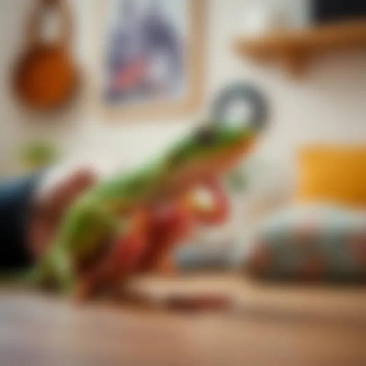 A person gently feeding a green gecko live mealworms in a home setting