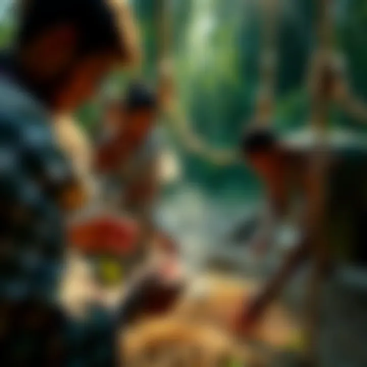 Participants in the Feeding the Earth ceremony A group of people participating in the Feeding the Earth ceremony, connecting with nature and the land.