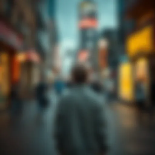 A person standing alone in a crowded street, looking lost and detached from their surroundings, illustrating depersonalization.
