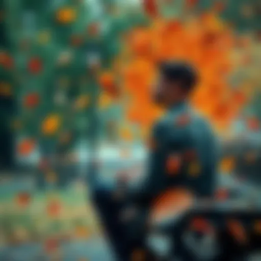 A person sitting on a park bench surrounded by swirling leaves, looking contemplative and overwhelmed by life's unpredictable nature.