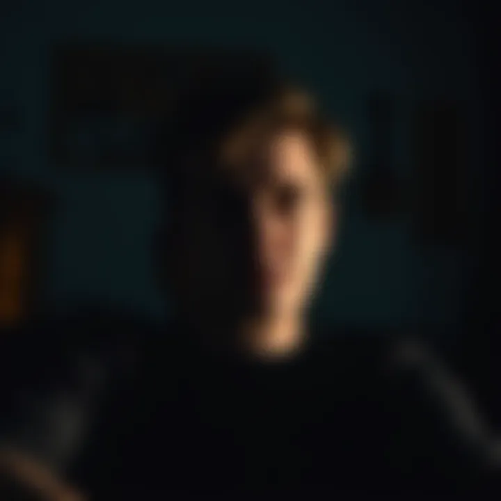 Person looking anxious at home, with shadows and a dark atmosphere suggesting unease.