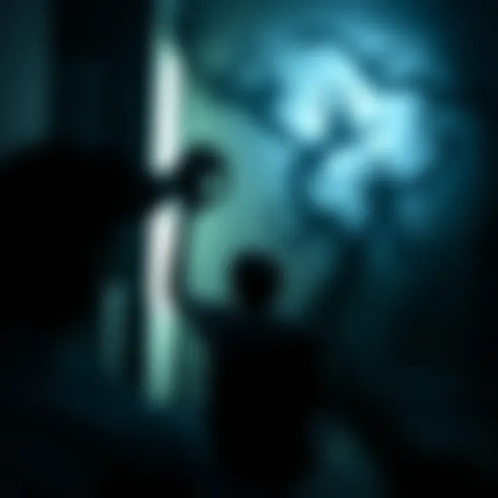A person sitting in a dimly lit room, holding their head in despair, surrounded by swirling shadows representing energetic attacks.