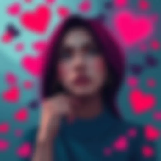 A thoughtful person reflecting on concepts of attraction and gender bias, surrounded by symbols of love and relationships.