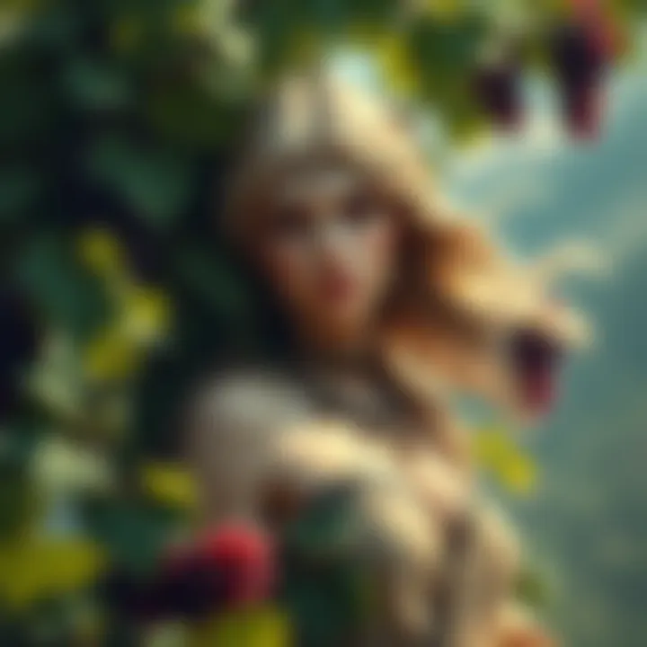 A depiction of a feminine figure representing Dionysus, surrounded by grapevines and nature, symbolizing connection and identity.