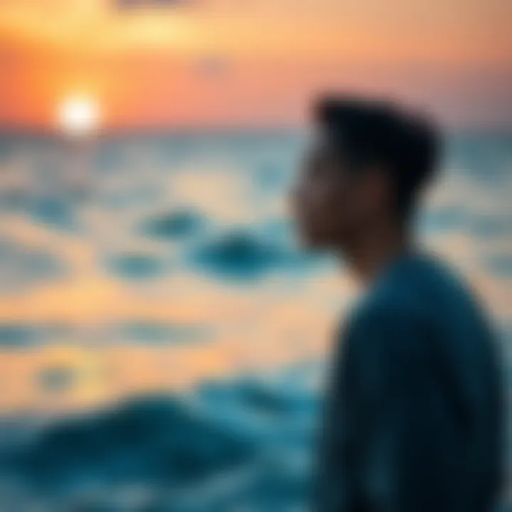 A serene image of a man looking thoughtfully at the ocean, embodying the gentle and emotional traits of Pisces, surrounded by soft waves and a calming sunset.