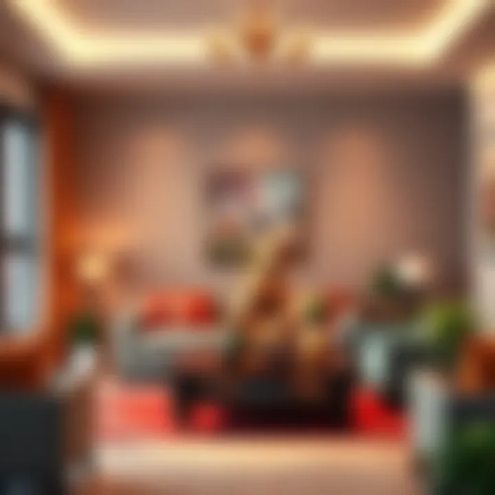 A vibrant living room featuring Feng Shui gods, decorative plants, and harmonious lighting to enhance positive energy