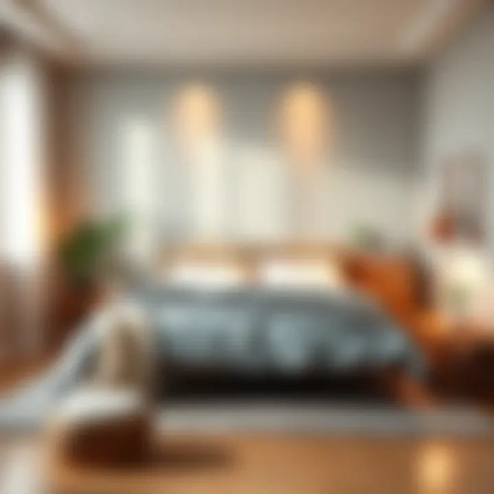 A well-arranged bedroom showcasing a bed placed according to Feng Shui principles, with plants and soft lighting for a calming atmosphere.