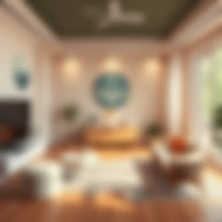 A well-organized room layout featuring soft colors and natural light, promoting peace and balance, with plants and comfortable furniture.