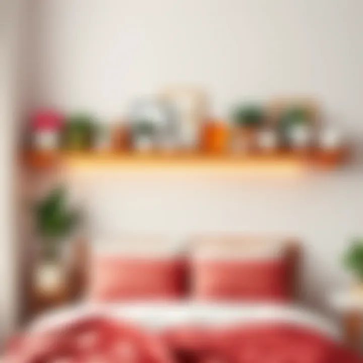 A well-organized shelf above a bed featuring plants, calming decor, and soft colors that promote relaxation.