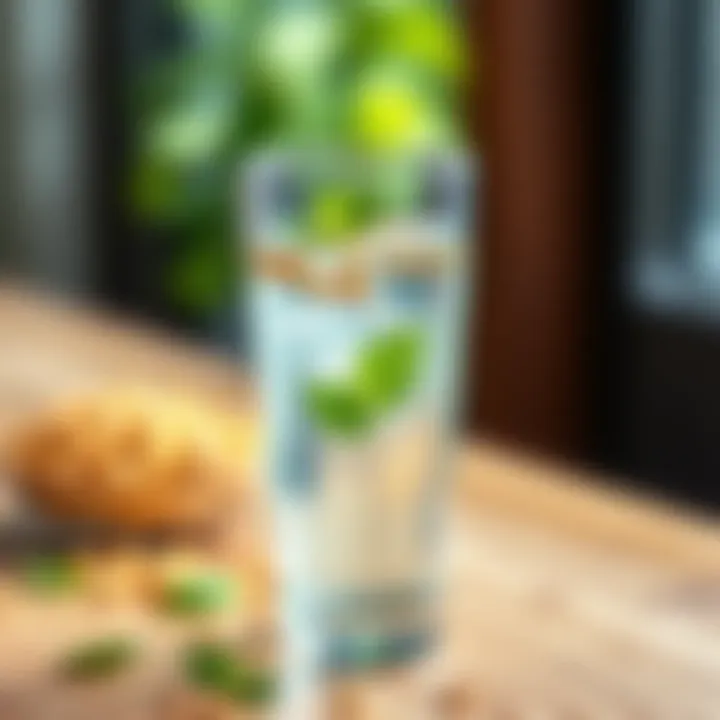 A clear glass filled with fenugreek water, garnished with fenugreek seeds and fresh mint leaves, placed on a wooden surface.