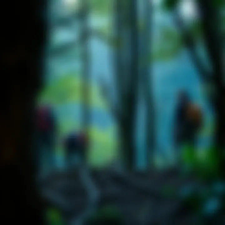 A group of feral humans lurking in the Appalachian woods, watching hikers from behind trees