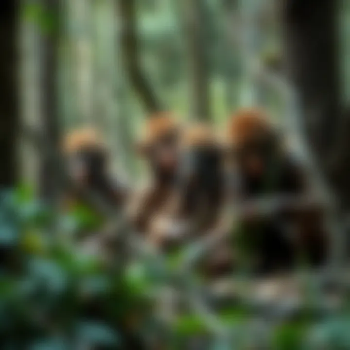 A group of feral individuals living in a forest setting, showcasing their unique lifestyle and interaction with nature.