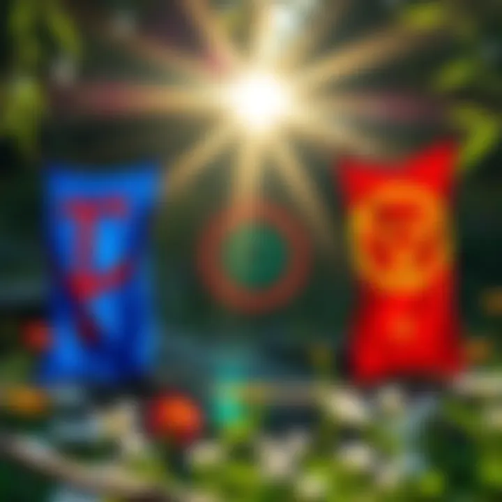 Colorful symbols representing the Feri Tradition against a natural background with flowers and sunlight