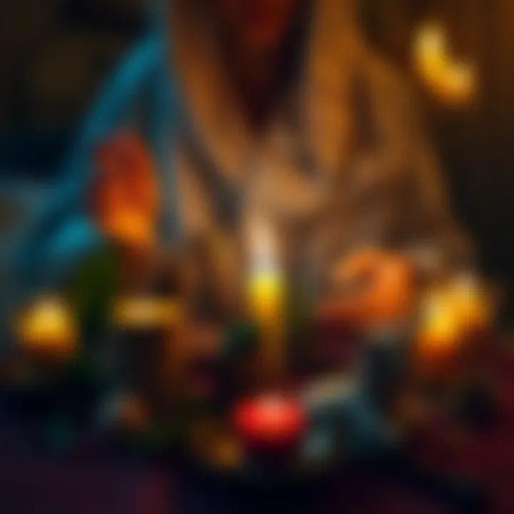 A person casting a spell with herbs and candles to help a friend conceive, surrounded by symbols of fertility.