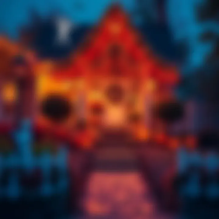 Colorful Halloween decorations at a home and around town, showcasing pumpkins, ghosts, and spooky lights.