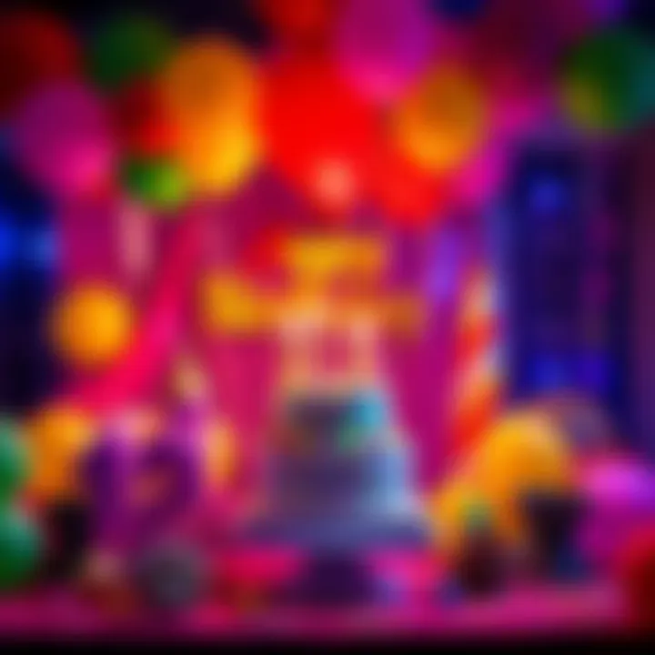A colorful birthday party setup with balloons, a cake, and decorations