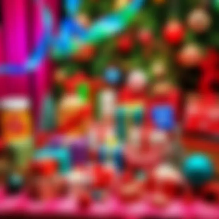 A colorful display of Christmas gifts and decorations on a table, showcasing the latest holiday trends and inspirations.